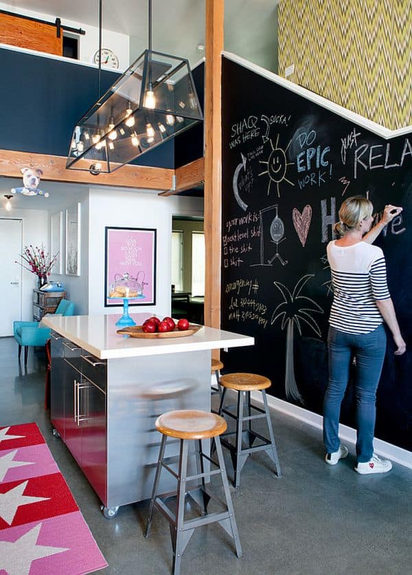 A fun chalkboard wall addition to the trendy contemporary kitchen