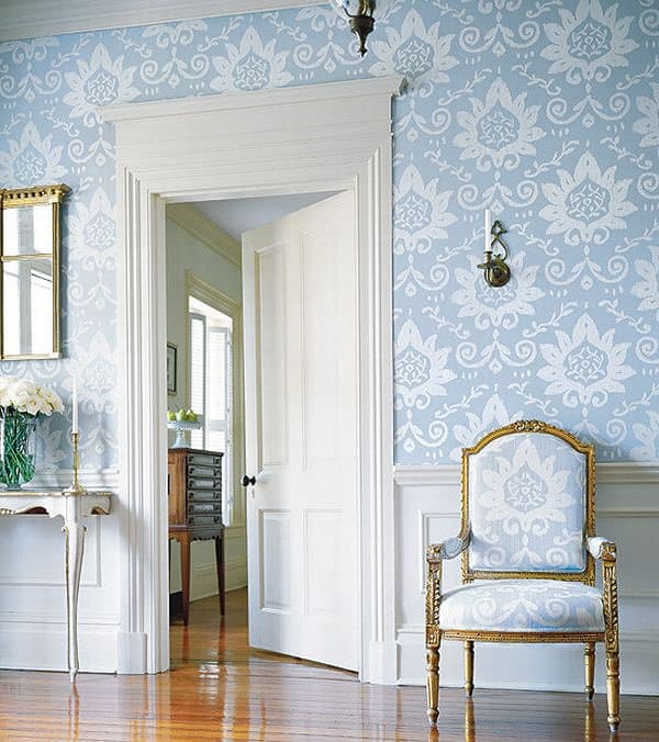 Blue wallpapered room French Country Interior Design Ideas