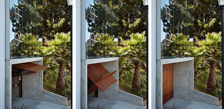 Concrete basement garage with an automated door