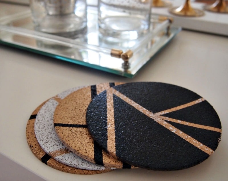 DIY gold, black and white painted cork coasters