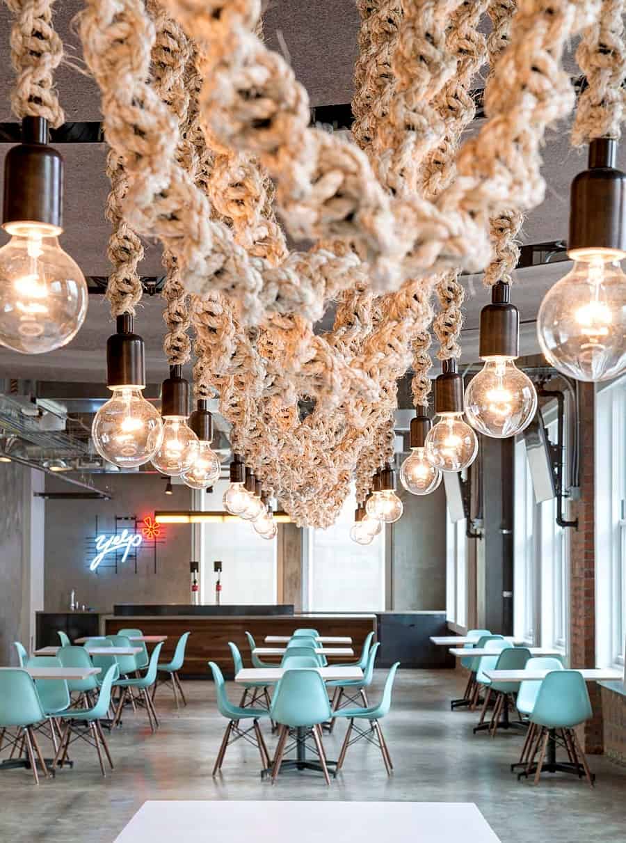 Interesting lighting additions and the Eames chairs give the Yelp office a Midcentury Modern Appeal