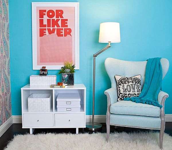Playful turquoise blue bedroom