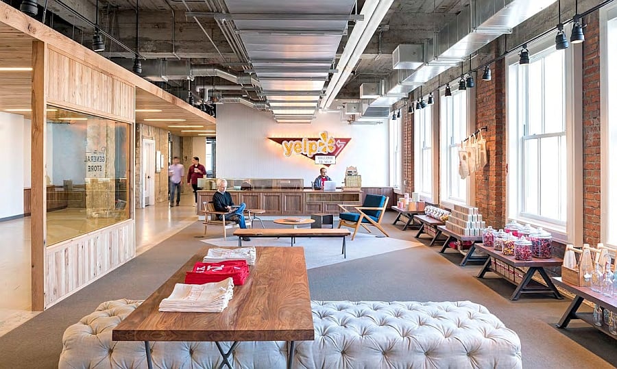 Reception area of the brand new Yelp Headquarters in San Francisco Yelp Headquarters Amazes With An Eclectic Blend Of Modern And Vintage