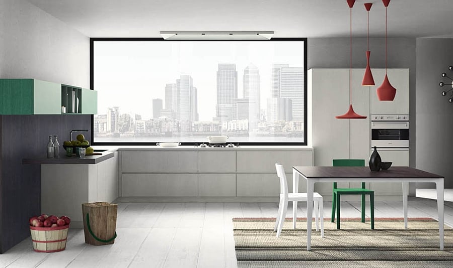 Streamlined kitchen counter and shelves lend crisp modernity Modular Italian Kitchen With Streamlined Design And Adaptable Style