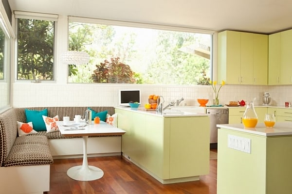 contemporary open kitchen decoration with pistachio green cabinets