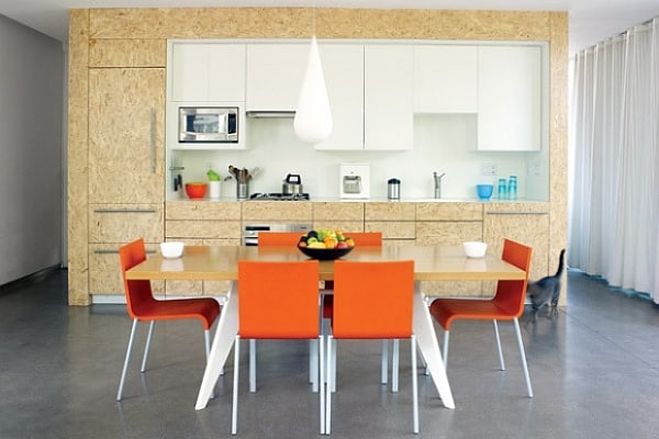 flakeboard kitchen furniture with colorful dining space