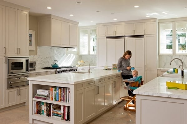 highly functional family kitchen with white cabinets and island