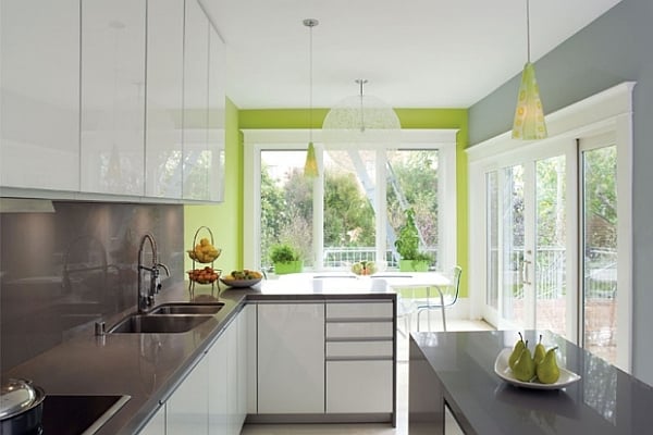 modern grey and white kitchen decor with neon-green accents