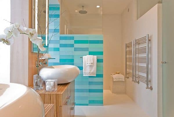 shades of blue bathroom tiles with heated towel racks