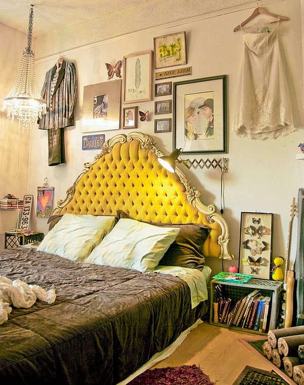 Bright yellow-green headboard stands out in this simple Bohemian style bedroom