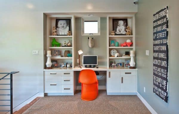 Compact kids' desk design with plenty of storage space around