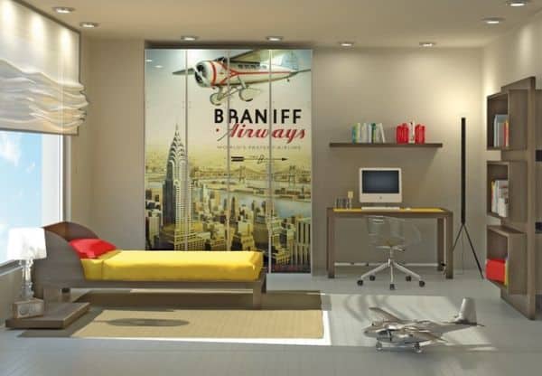 Contemporary boys' bedroom features an elegant color scheme