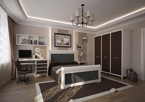 Stylish teenage boys' bedroom clad in brown and cream